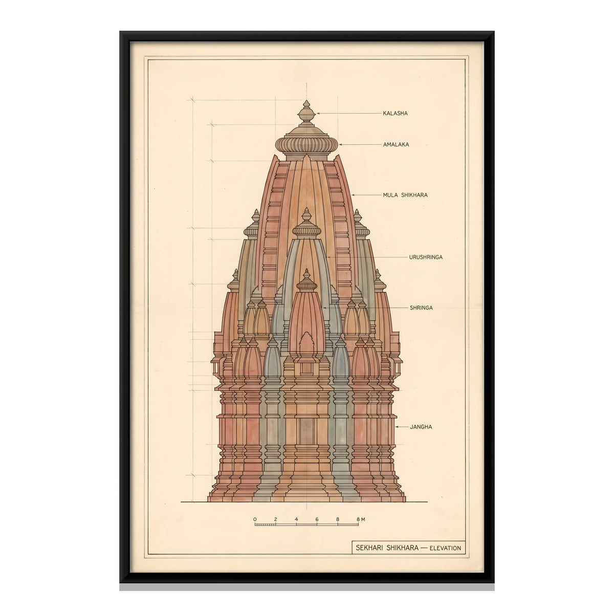 Sekhari Shikhara Elevation - framed canvas print, front view