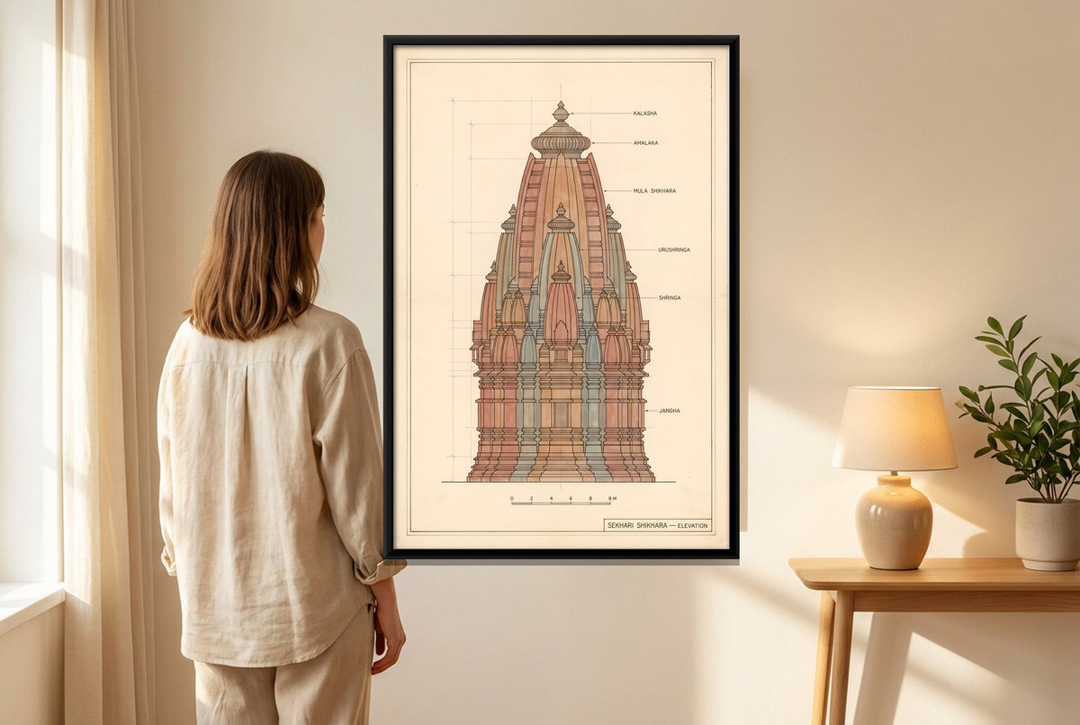Sekhari Shikhara Elevation - canvas art shown in a styled room