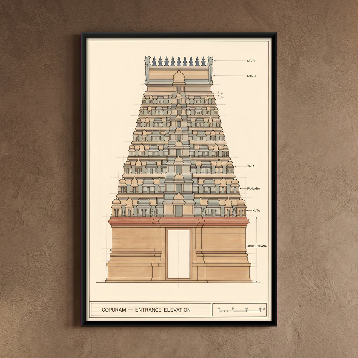 Temple Gopuram Elevation Drawing - framed canvas art hung on a wall