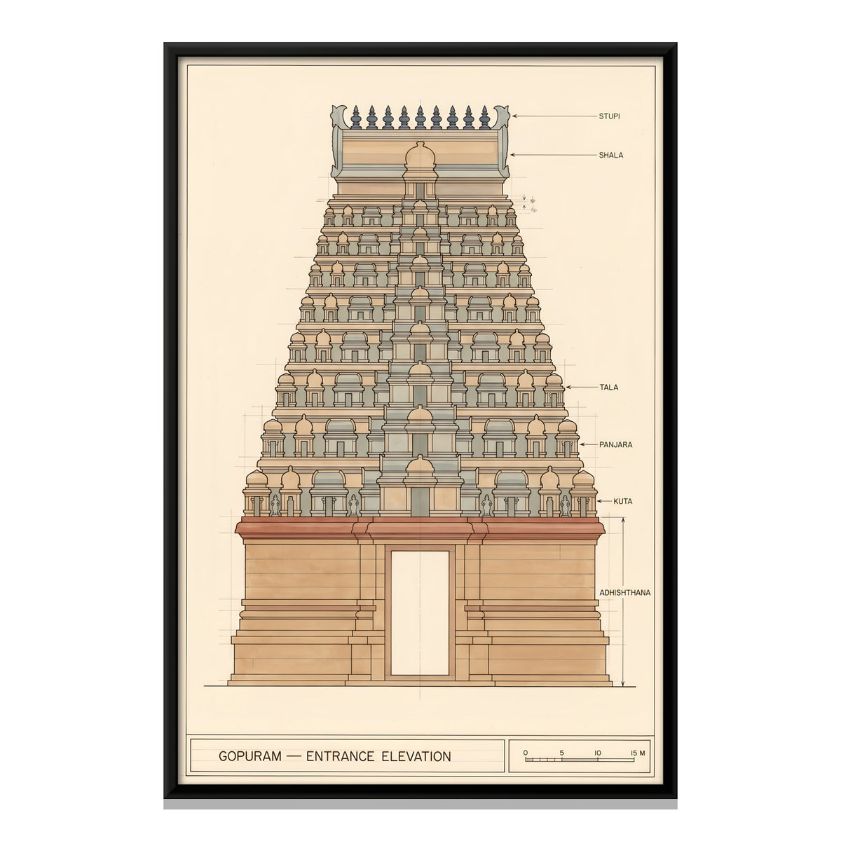Temple Gopuram Elevation Drawing - framed canvas print, front view