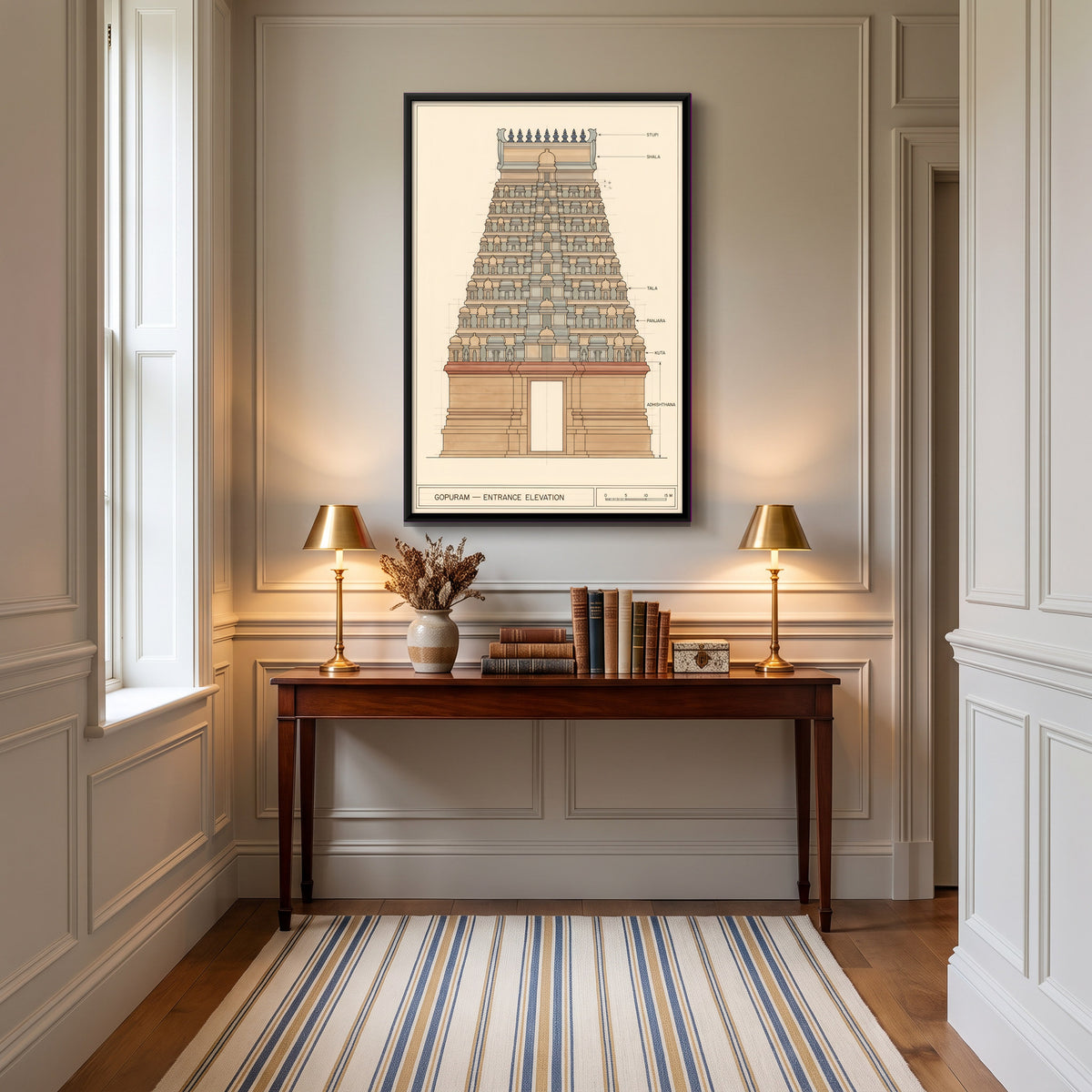 Temple Gopuram Elevation Drawing - canvas art shown in a second room setting