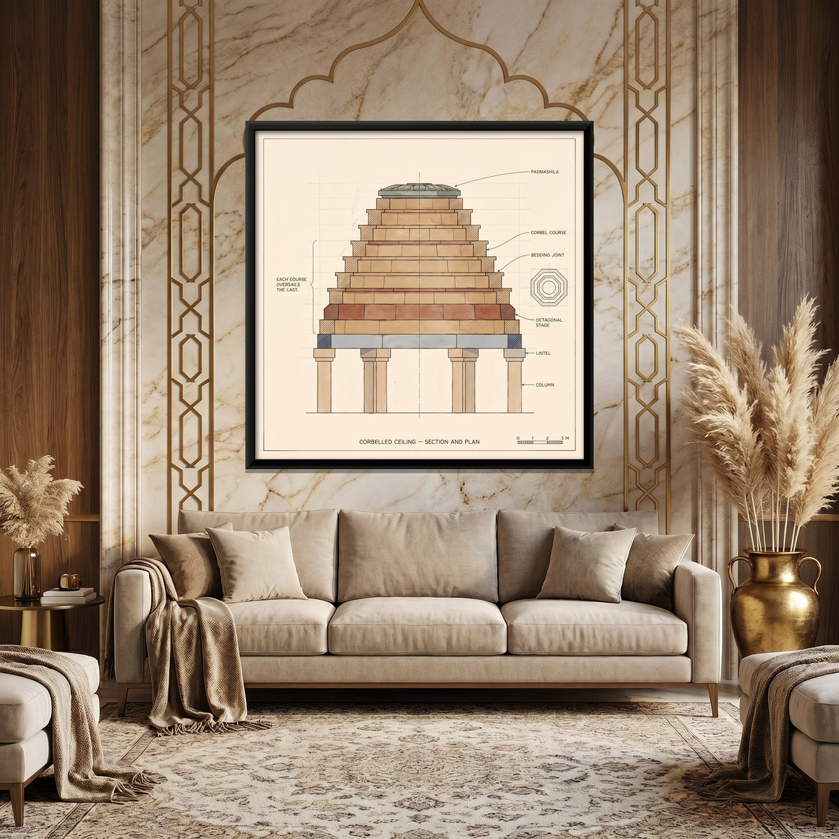 Corbelled Ceiling Section and Plan - canvas art shown in a second room setting