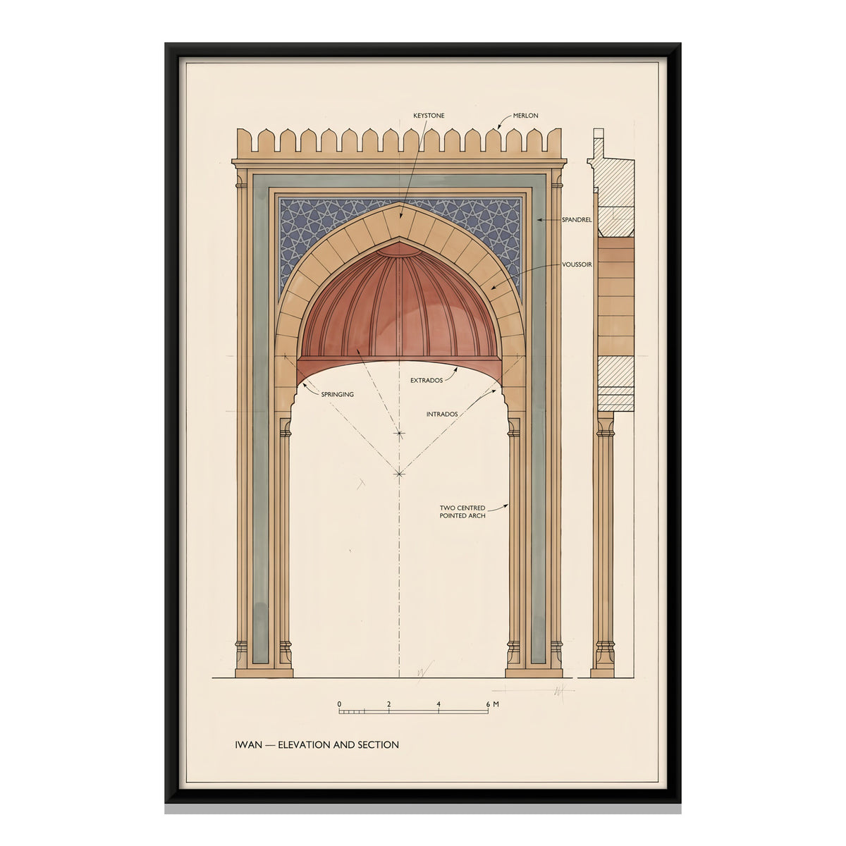 Arched Portal Elevation Drawing - framed canvas print, front view