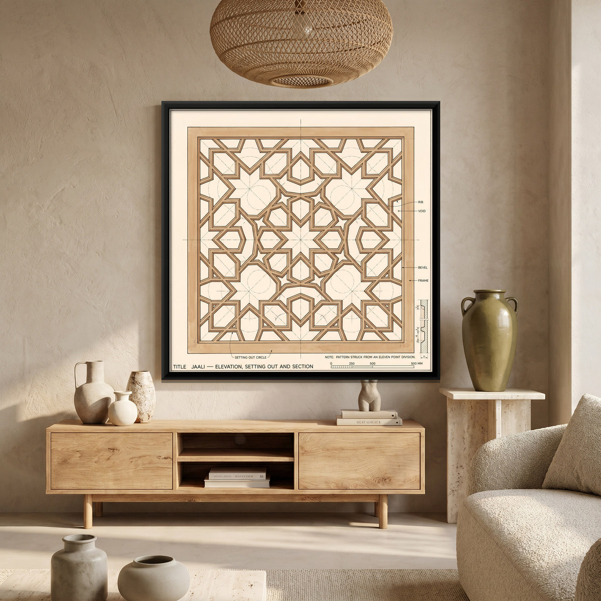 Jali Screen Elevation Drawing - canvas art shown in a second room setting