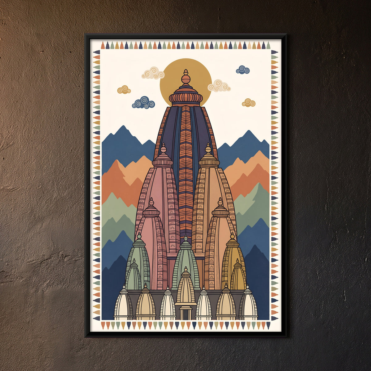 Temple Among Mountains - framed canvas art hung on a wall