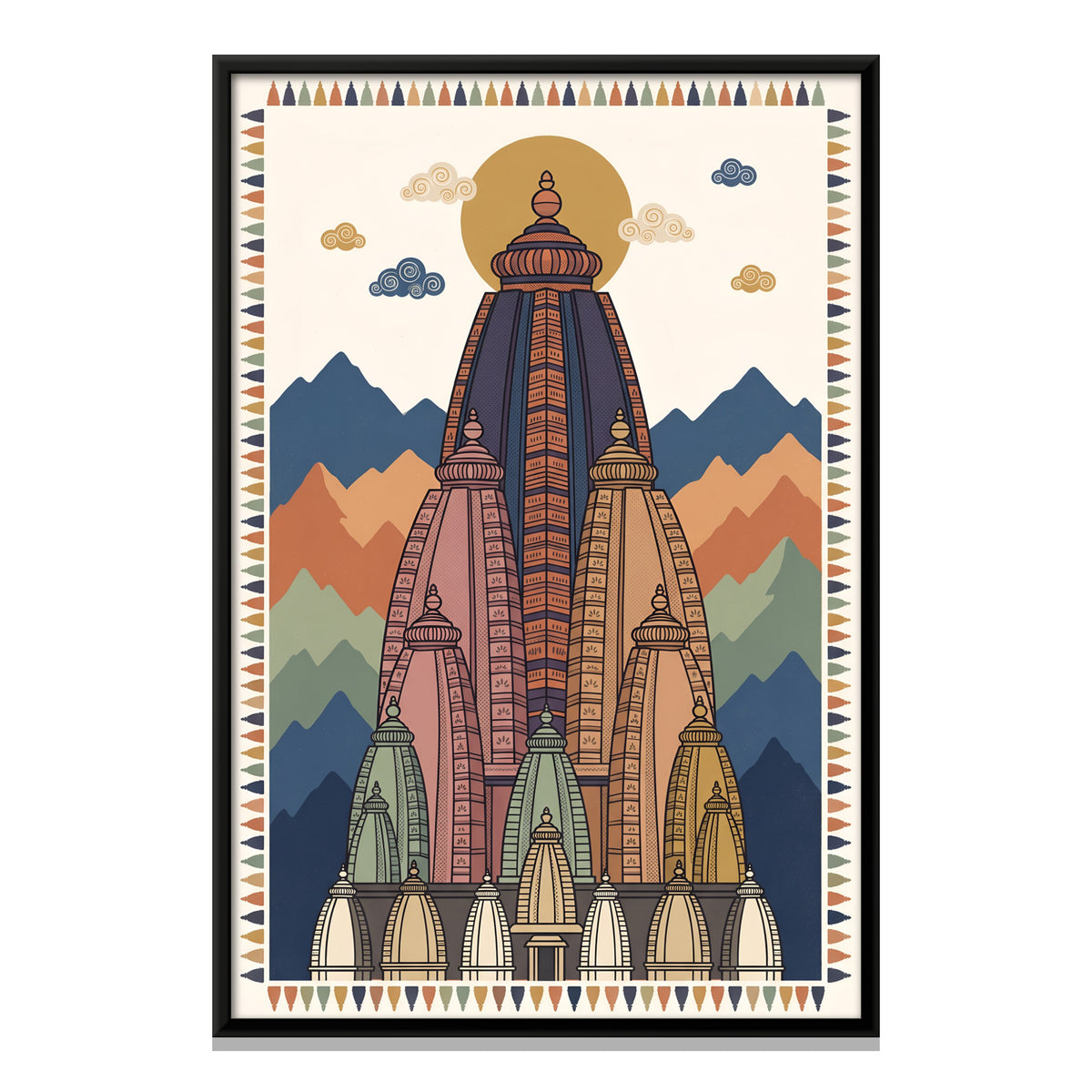 Temple Among Mountains - framed canvas print, front view