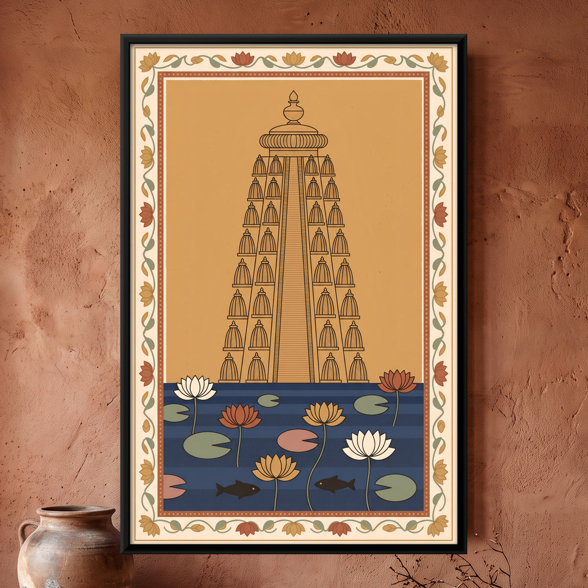 Temple Tower Above a Lotus Pond - framed canvas art hung on a wall