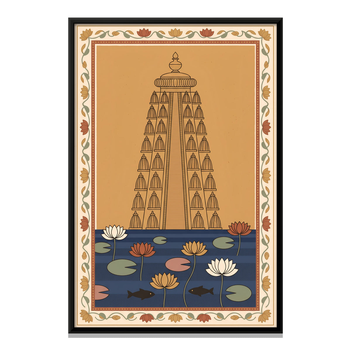 Temple Tower Above a Lotus Pond - framed canvas print, front view