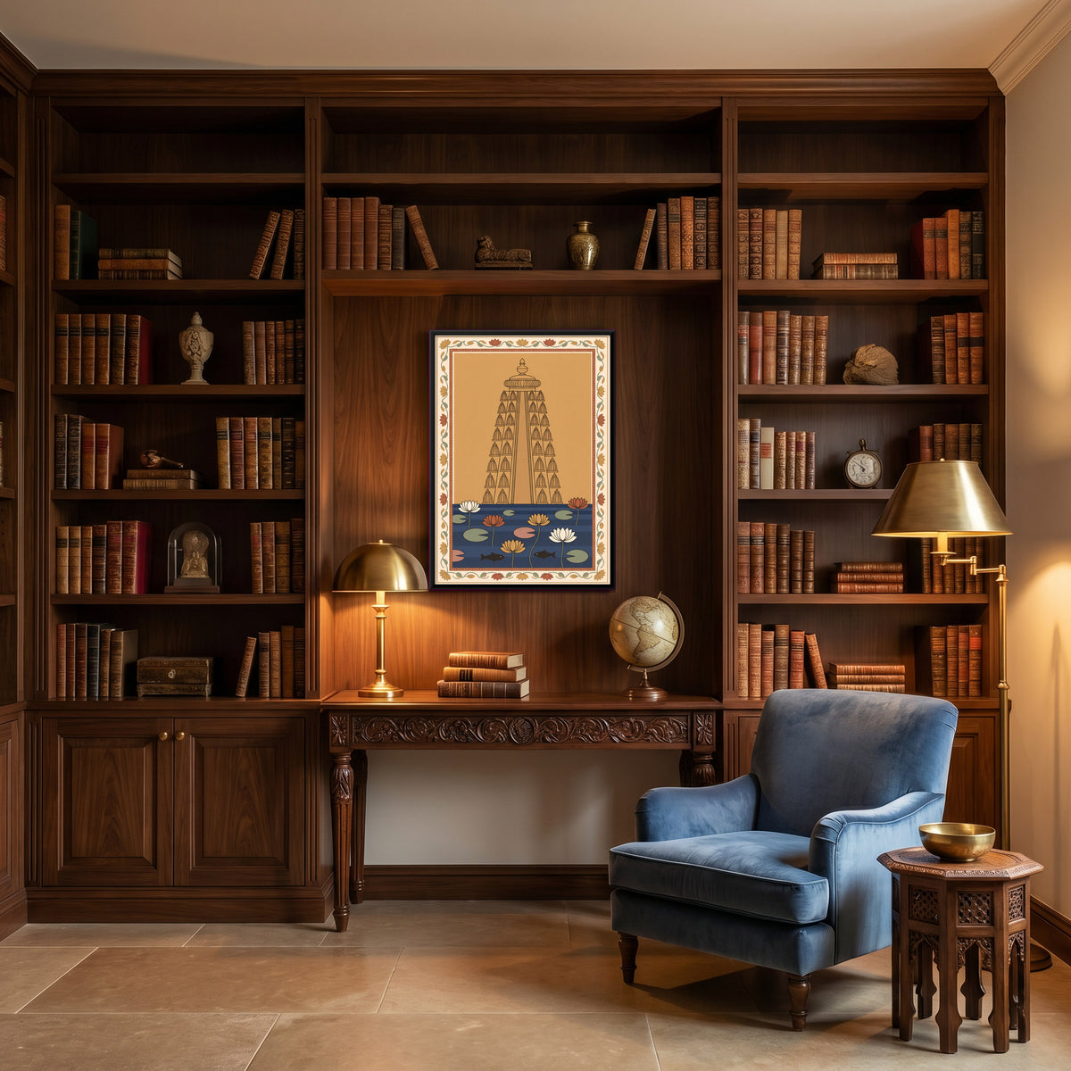 Temple Tower Above a Lotus Pond - canvas art shown in a styled room