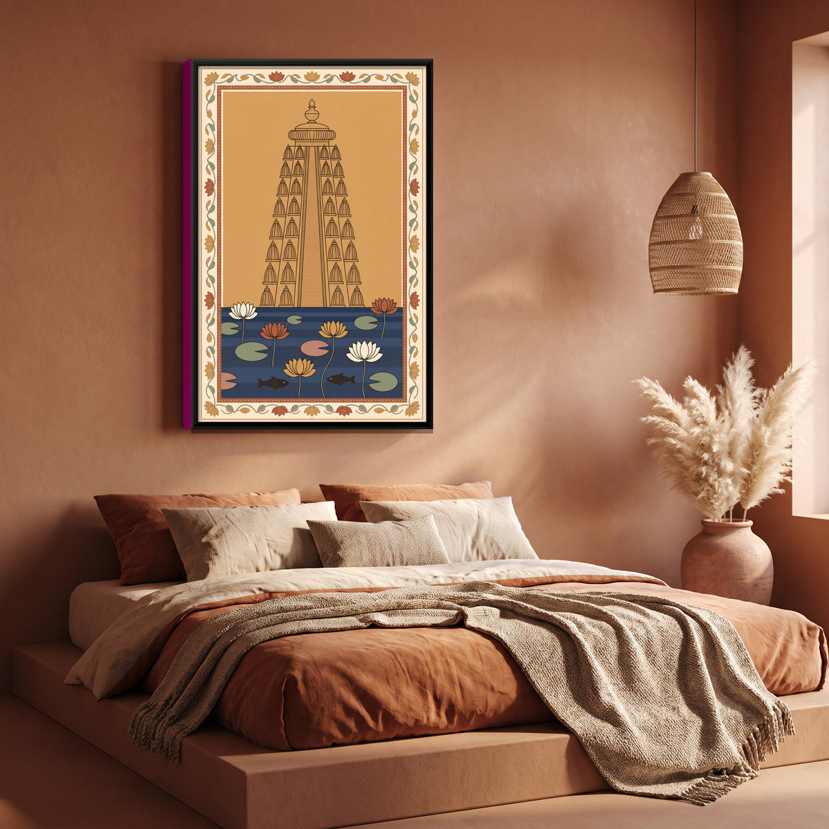 Temple Tower Above a Lotus Pond - canvas art shown in a second room setting