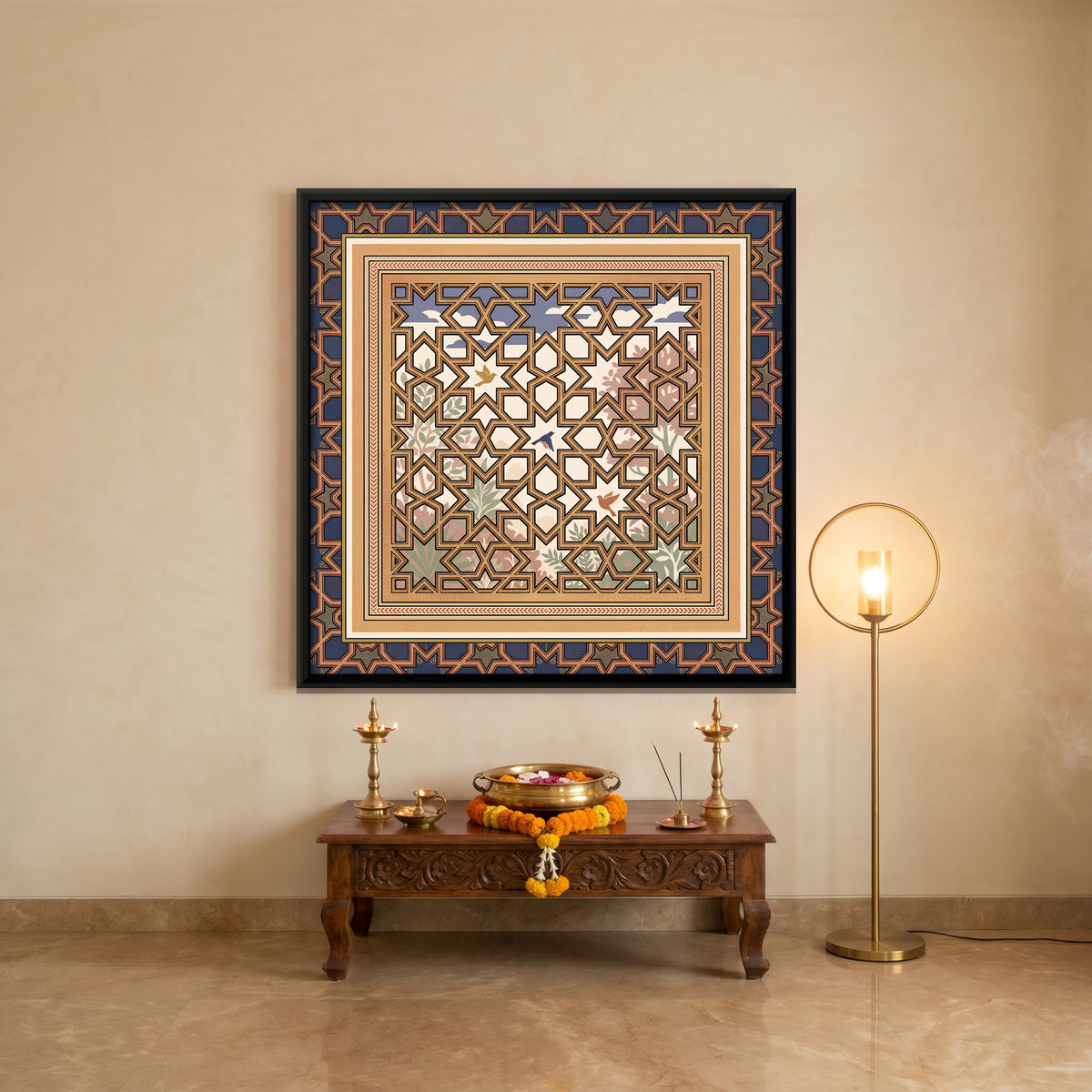 Geometric Star Tile Panel - canvas art shown in a styled room