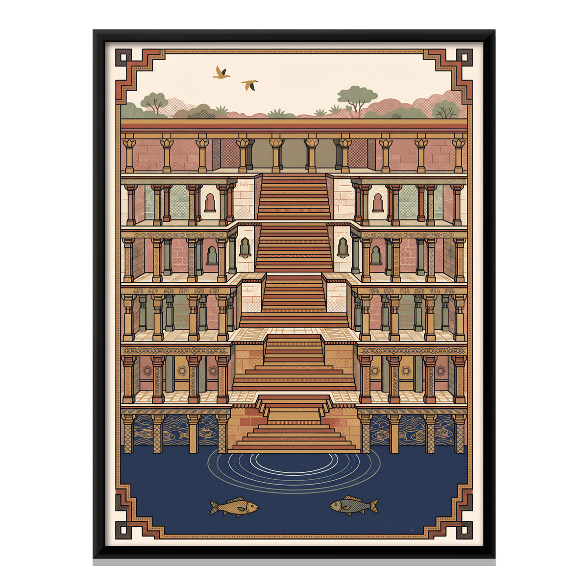 Stepwell with Fish Pool - framed canvas print, front view