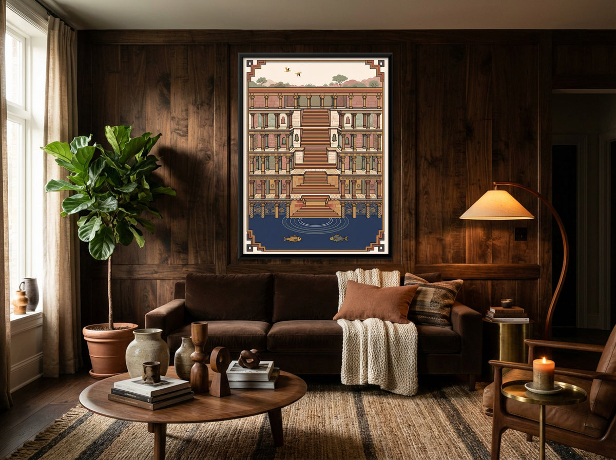 Stepwell with Fish Pool - canvas art shown in a styled room