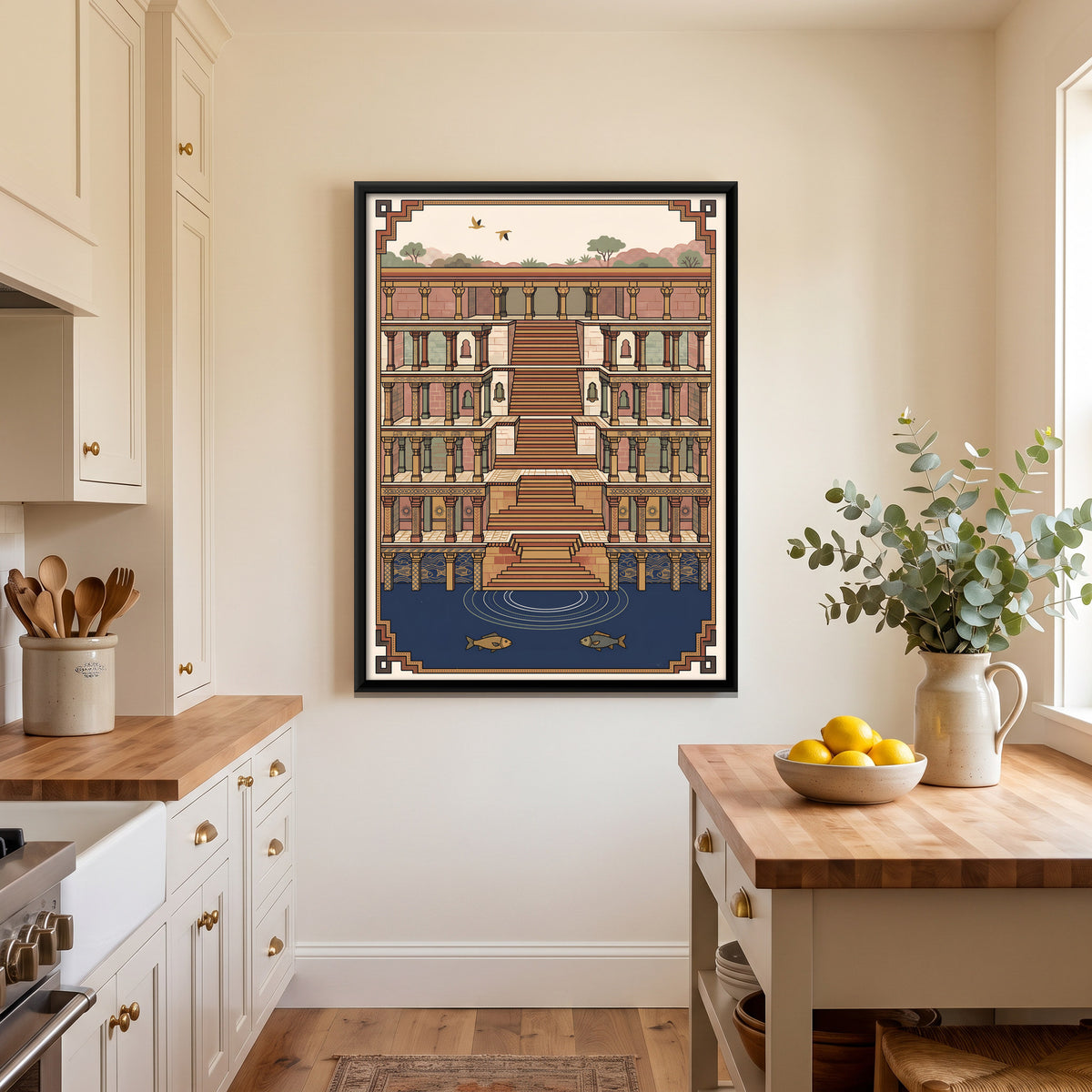 Stepwell with Fish Pool - canvas art shown in a second room setting