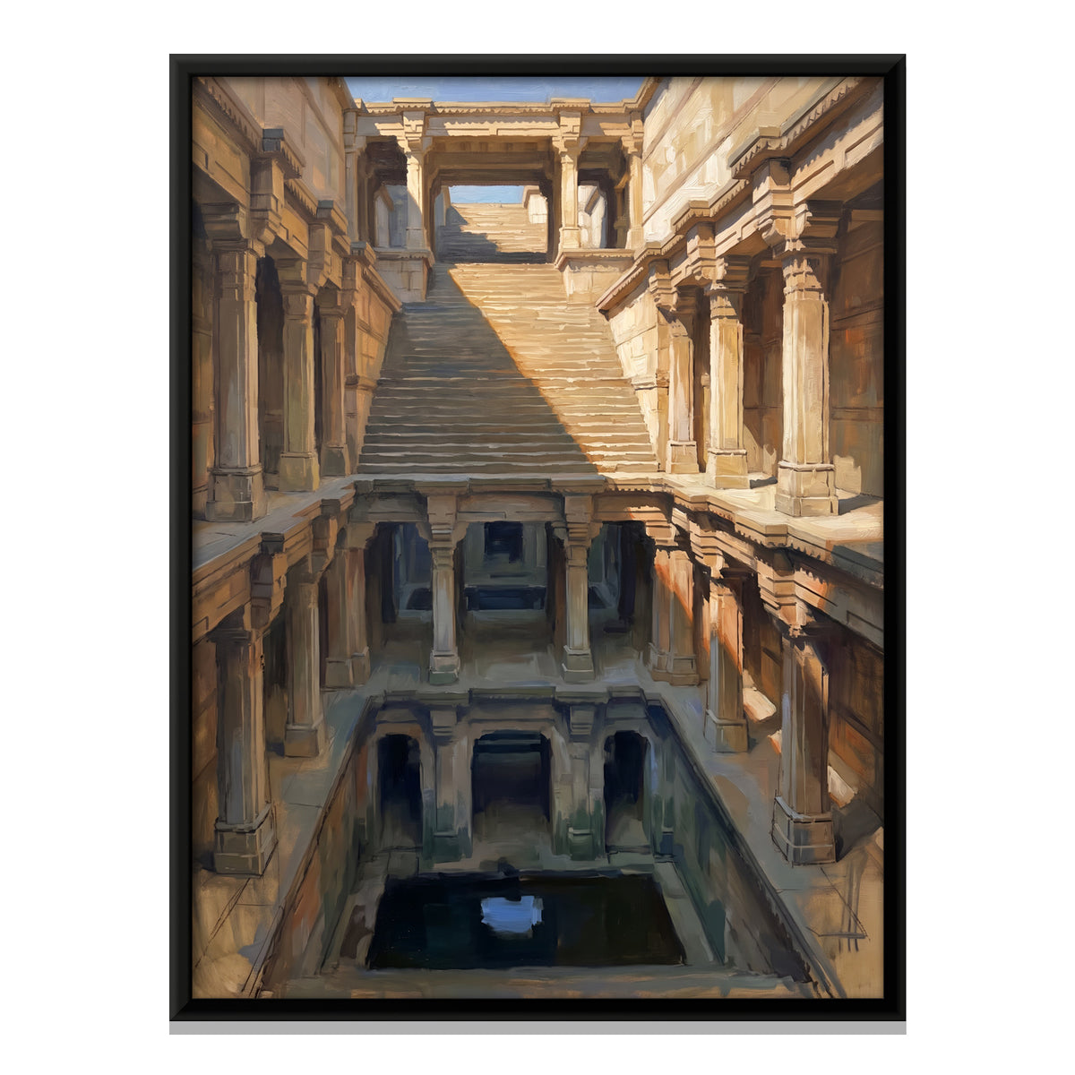 Inside a Stepwell - framed canvas print, front view