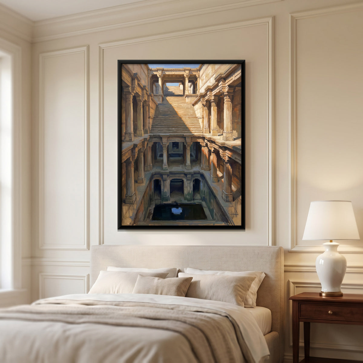 Inside a Stepwell - canvas art shown in a styled room
