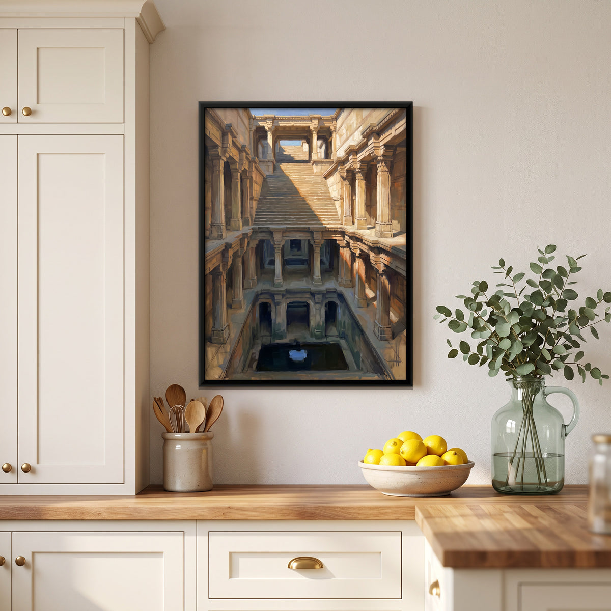 Inside a Stepwell - canvas art shown in a second room setting