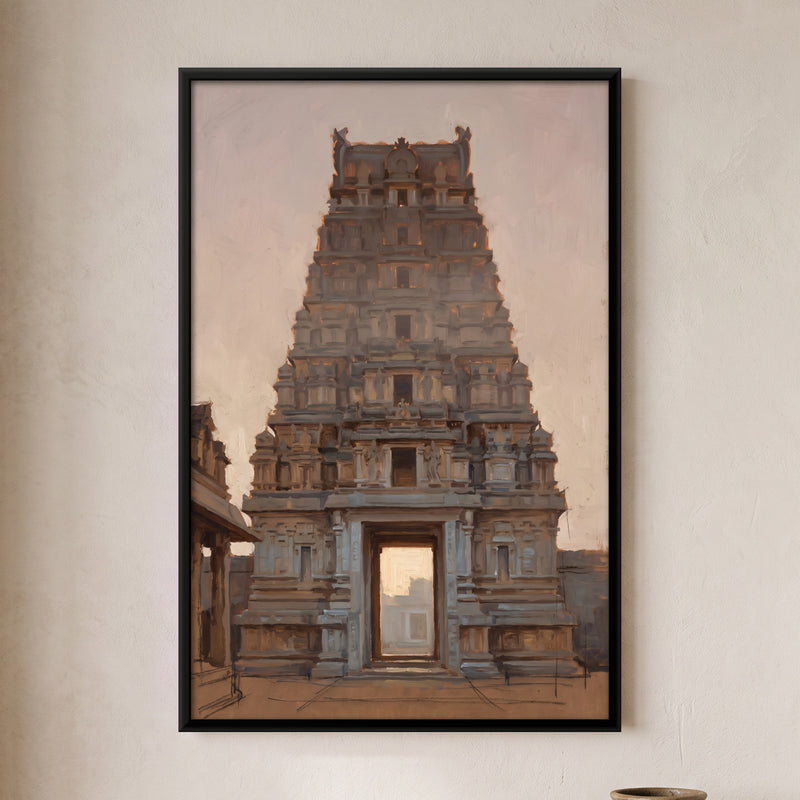 Temple Gopuram at Dawn - framed canvas art hung on a wall