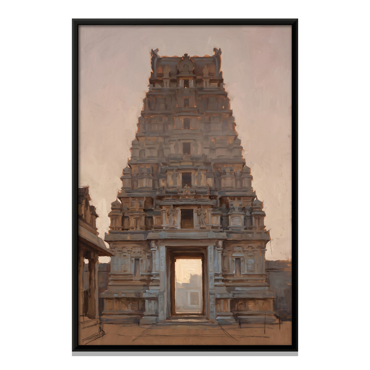 Temple Gopuram at Dawn - framed canvas print, front view