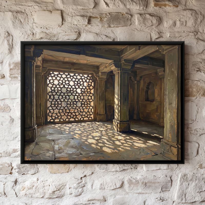 Jali Screen in a Stone Hall - framed canvas art hung on a wall