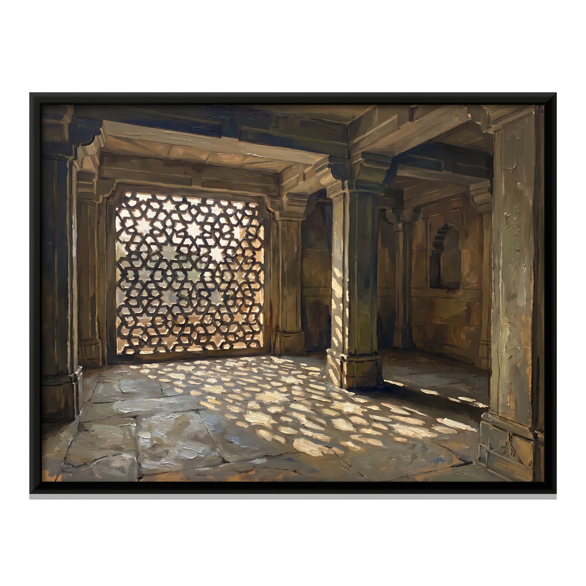 Jali Screen in a Stone Hall - framed canvas print, front view