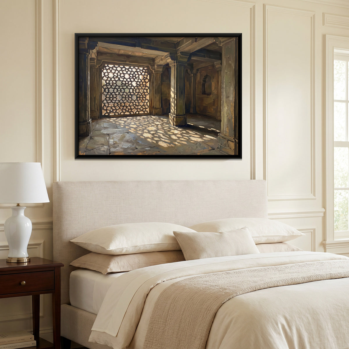 Jali Screen in a Stone Hall - canvas art shown in a styled room