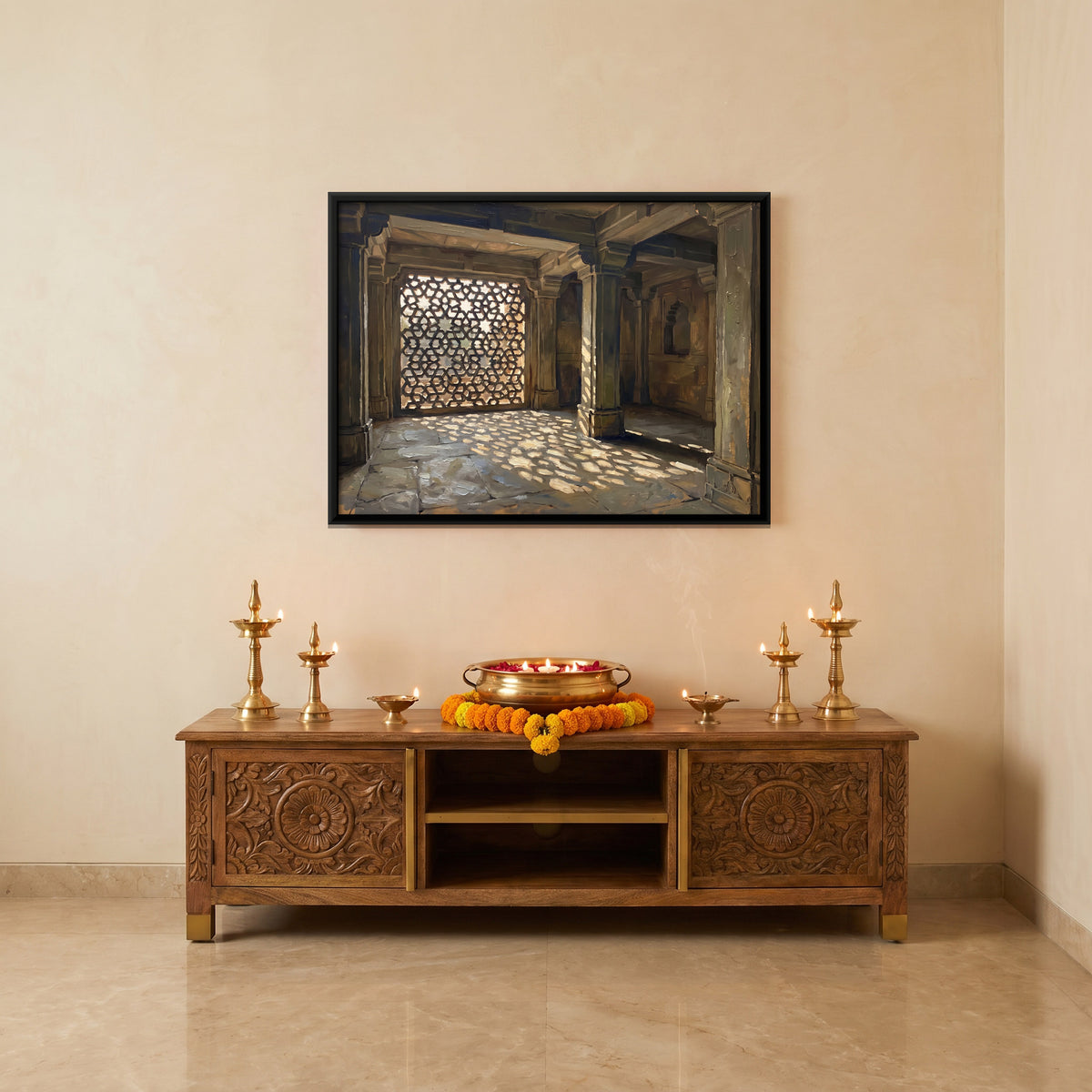 Jali Screen in a Stone Hall - canvas art shown in a second room setting