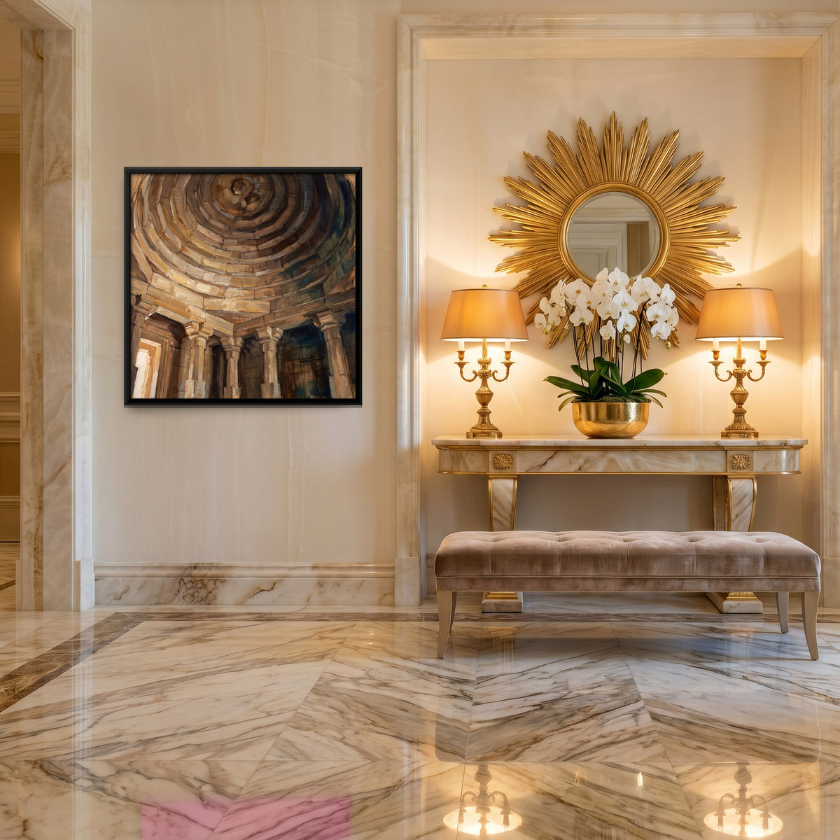 Stone Temple Dome Ceiling - canvas art shown in a second room setting