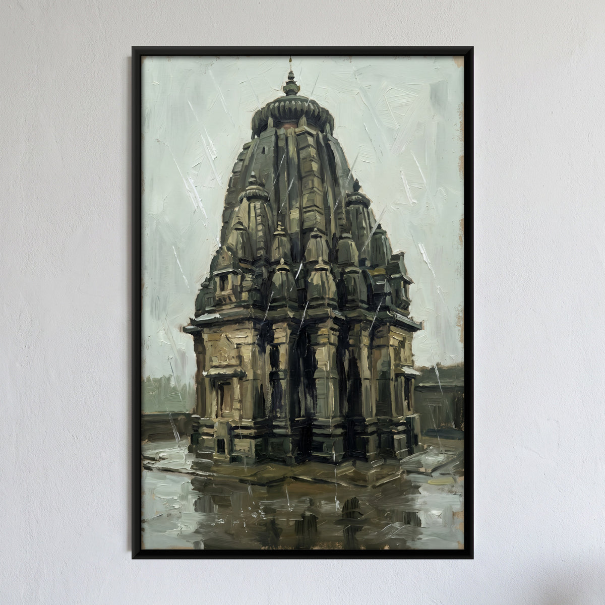 Stone Temple in the Rain - framed canvas art hung on a wall