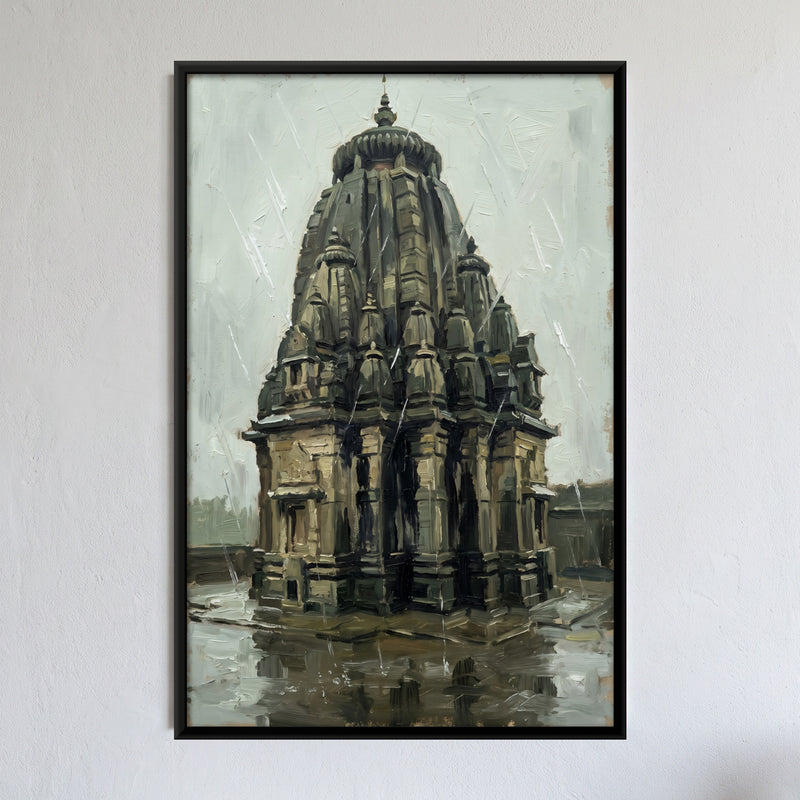 Stone Temple in the Rain - framed canvas art hung on a wall