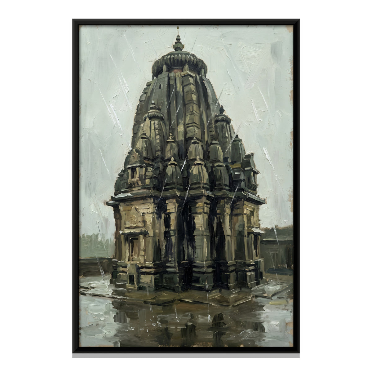 Stone Temple in the Rain - framed canvas print, front view