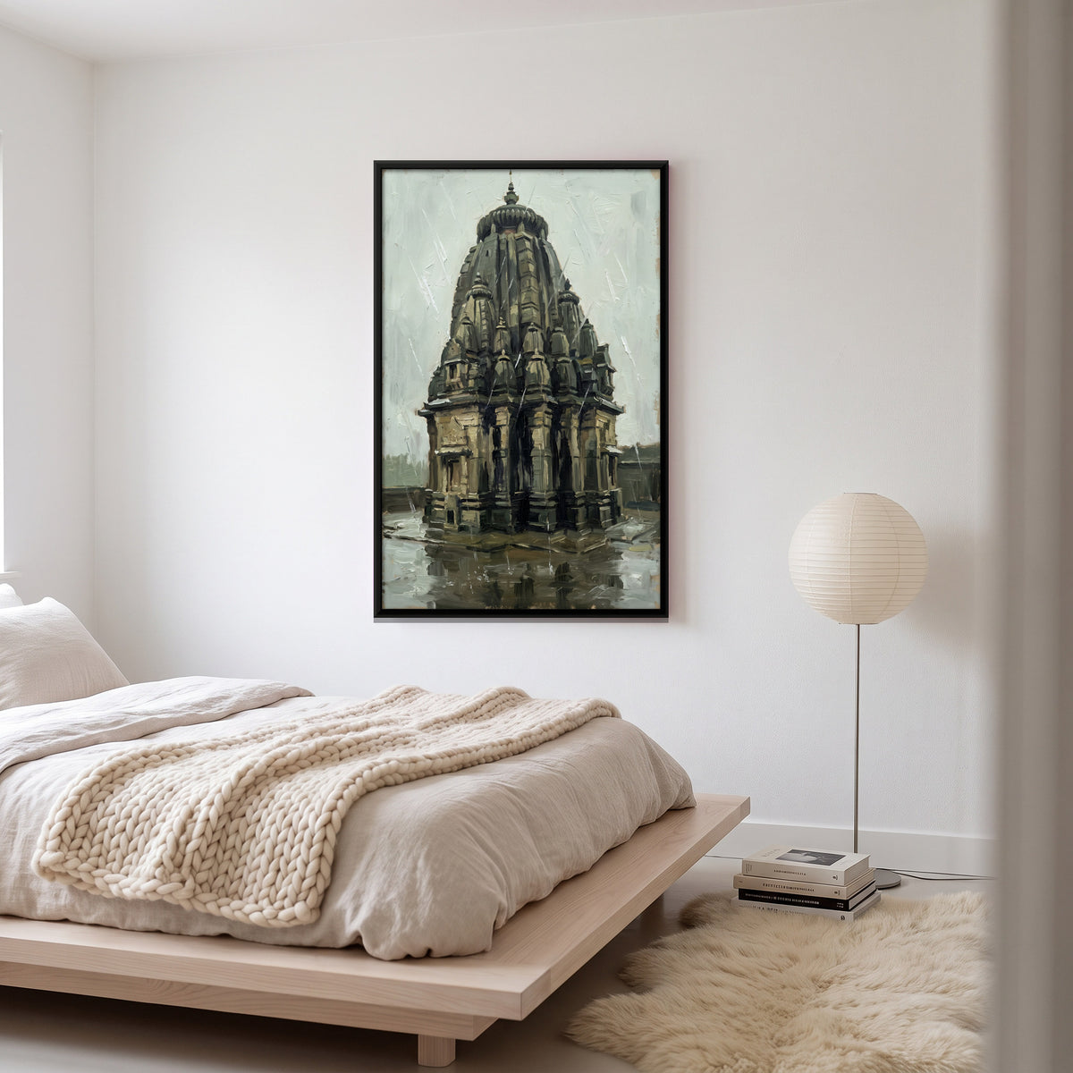 Stone Temple in the Rain - canvas art shown in a styled room