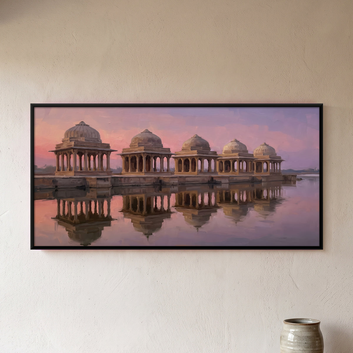 Lakeside Chhatris at Dusk - framed canvas art hung on a wall