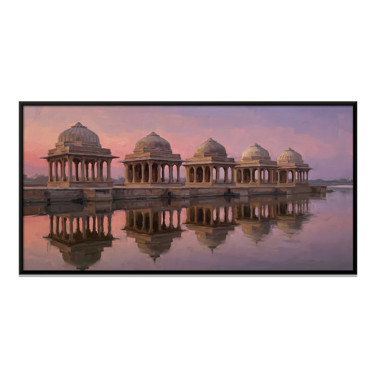 Lakeside Chhatris at Dusk - framed canvas print, front view