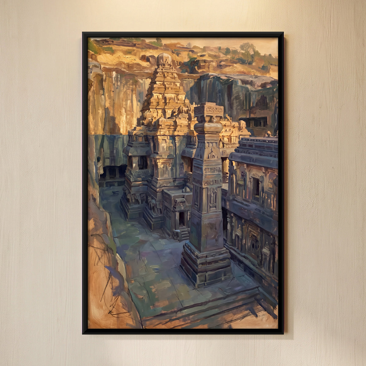 Rock-Cut Temple Courtyard - framed canvas art hung on a wall