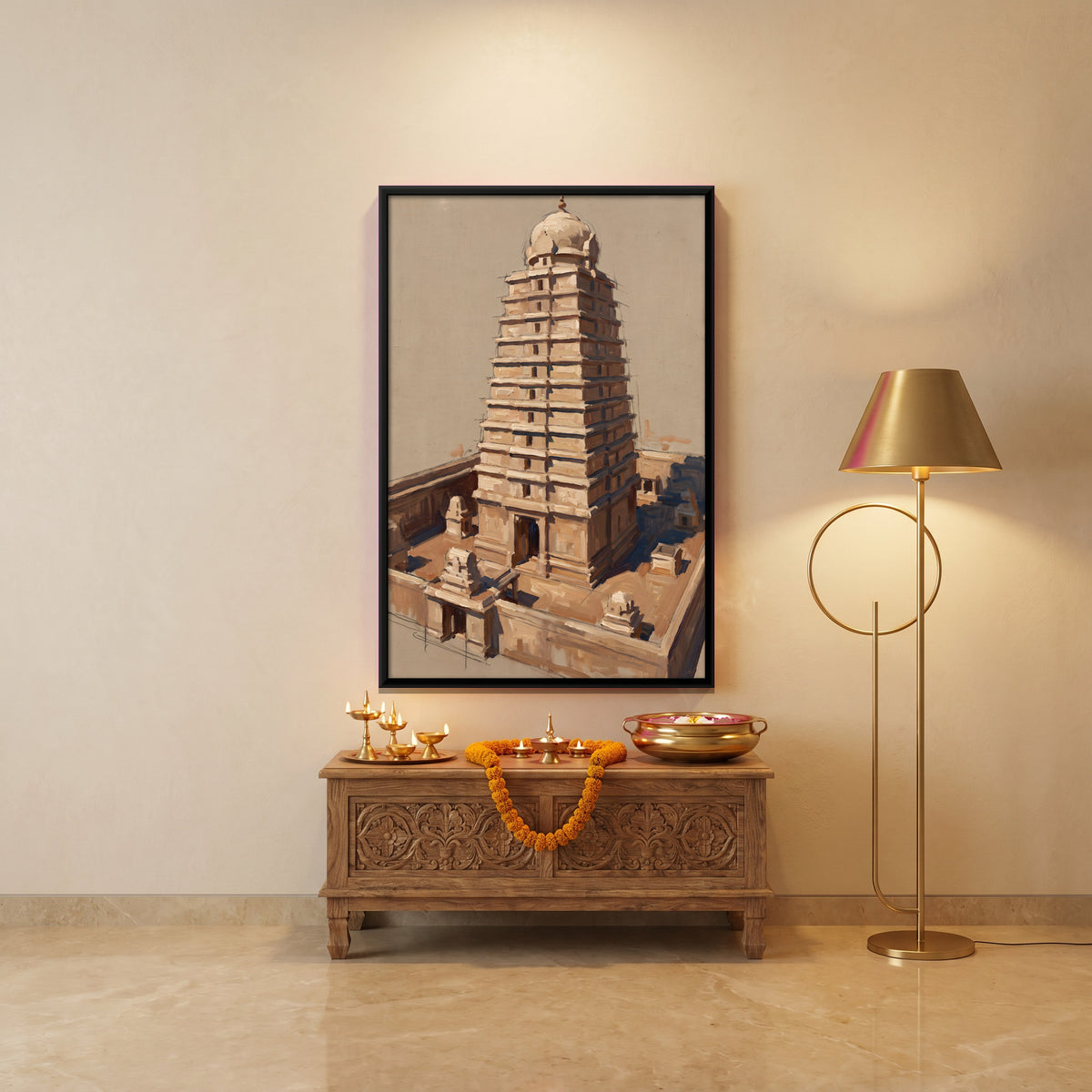 Chola Temple Tower - canvas art shown in a styled room