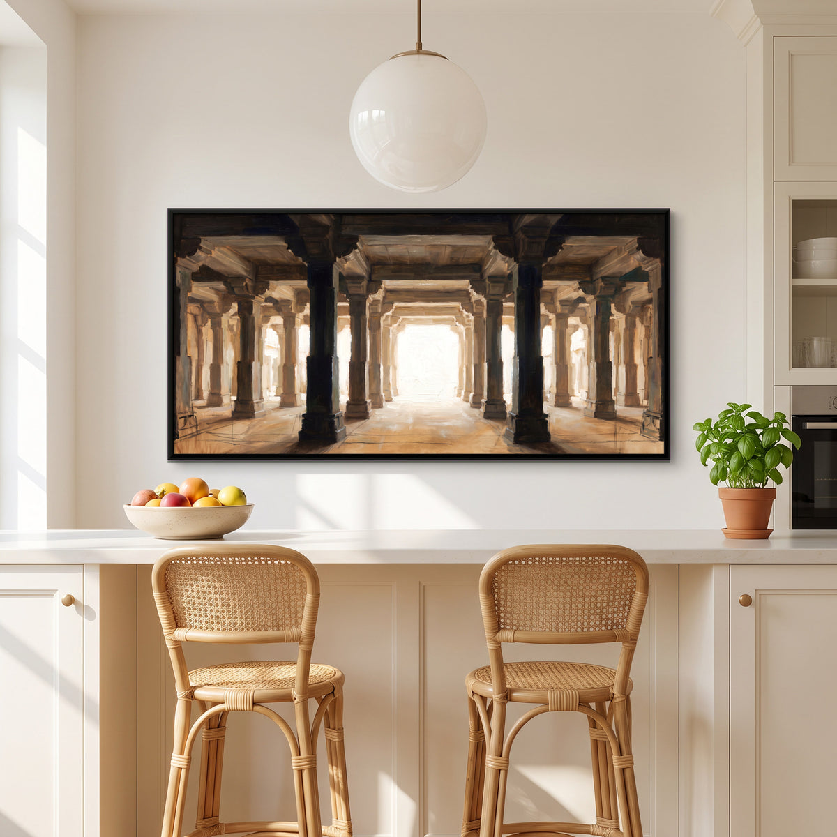 Pillared Stone Hall - canvas art shown in a styled room
