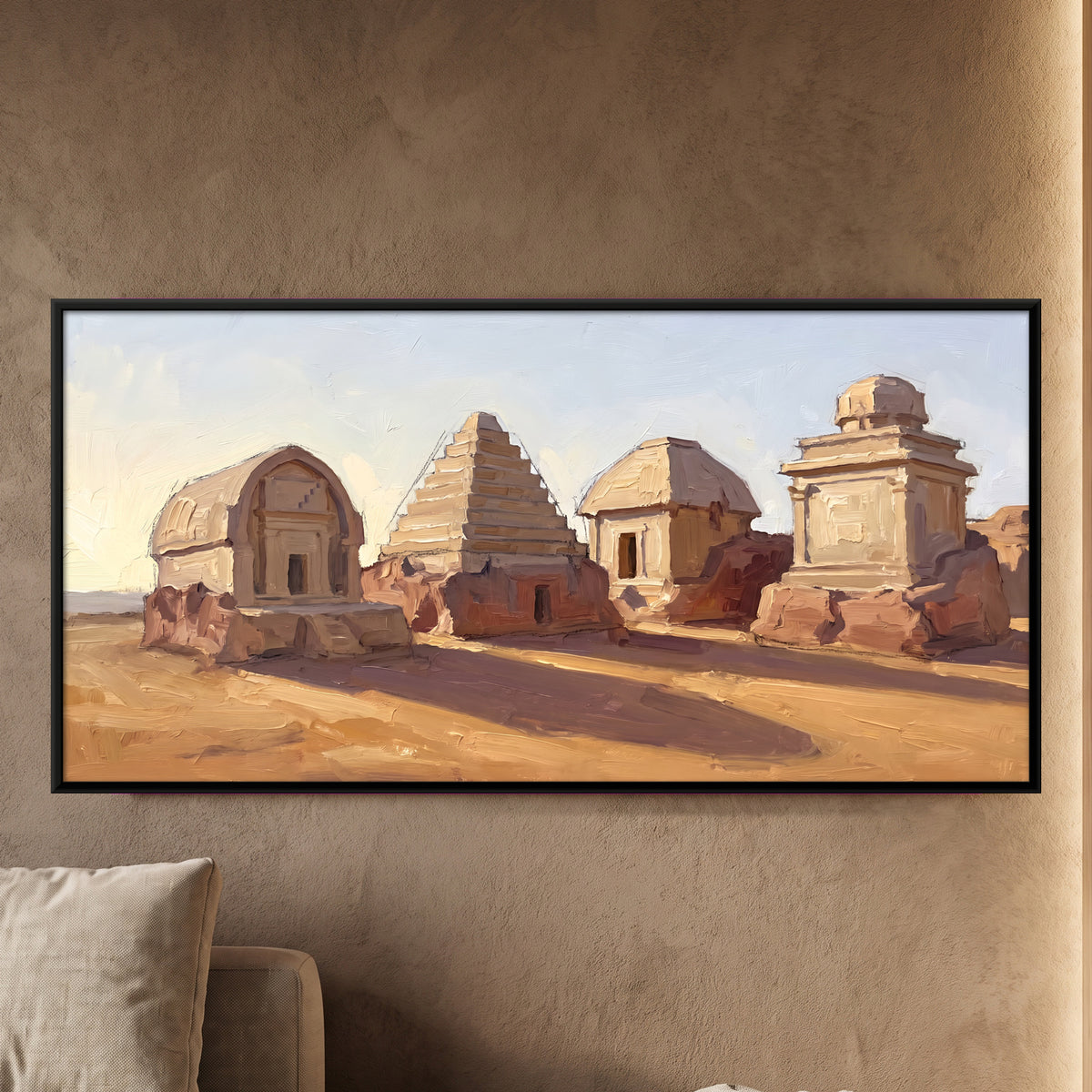 Carved Stone Shrines in the Sand - framed canvas art hung on a wall