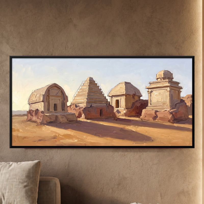 Carved Stone Shrines in the Sand - framed canvas art hung on a wall