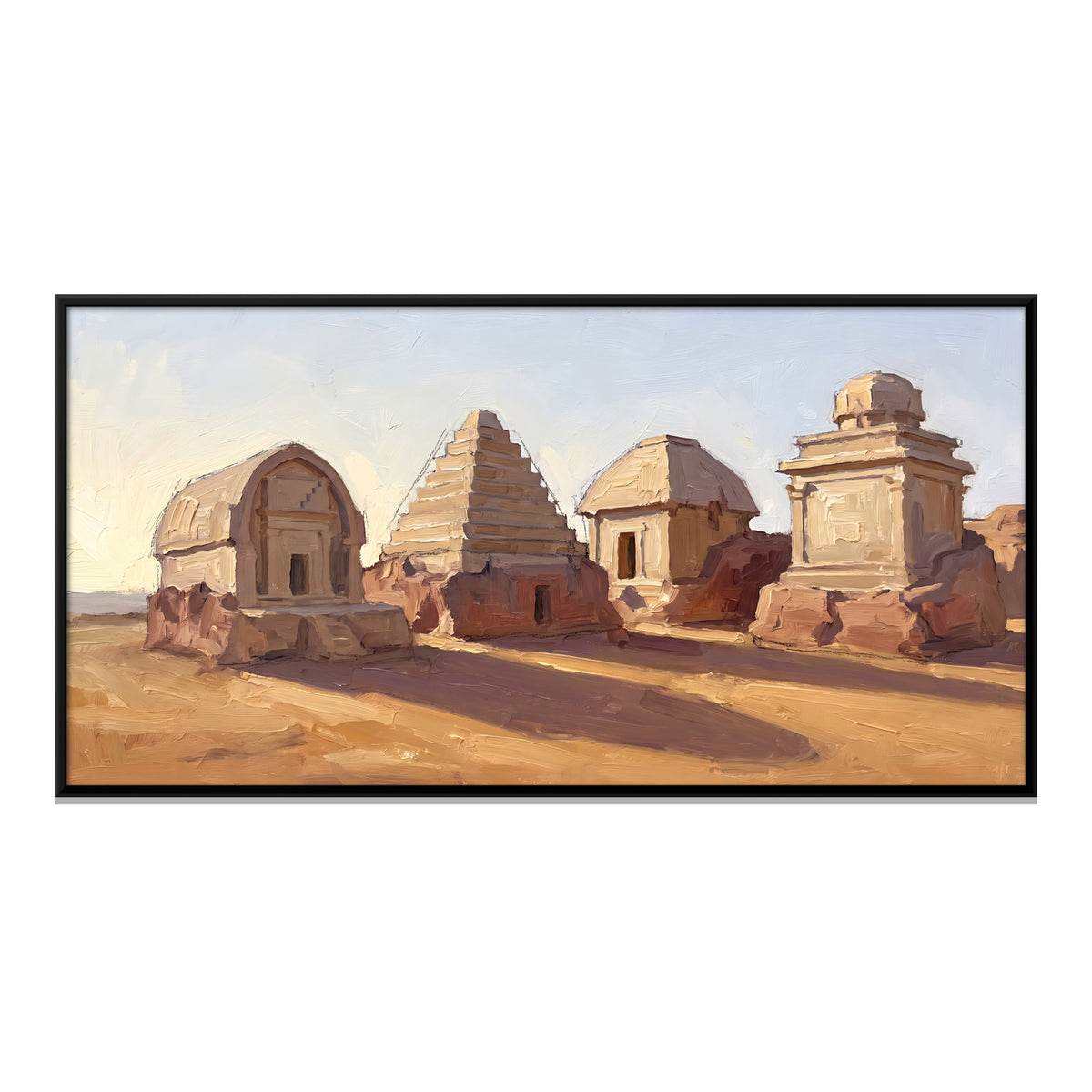 Carved Stone Shrines in the Sand - framed canvas print, front view