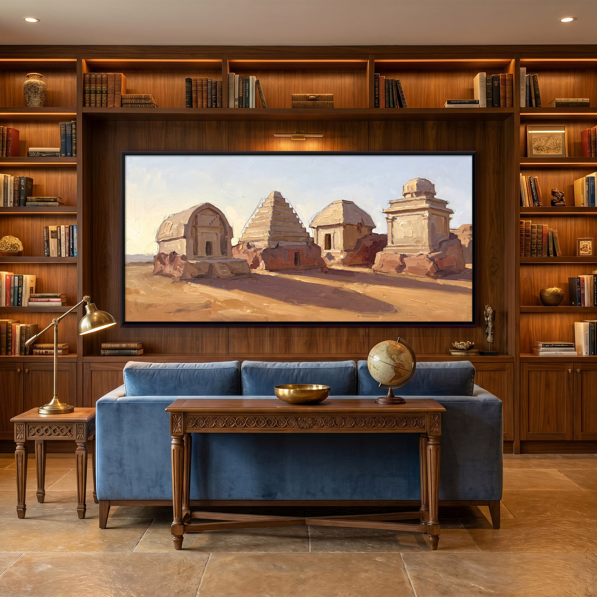 Carved Stone Shrines in the Sand - canvas art shown in a second room setting