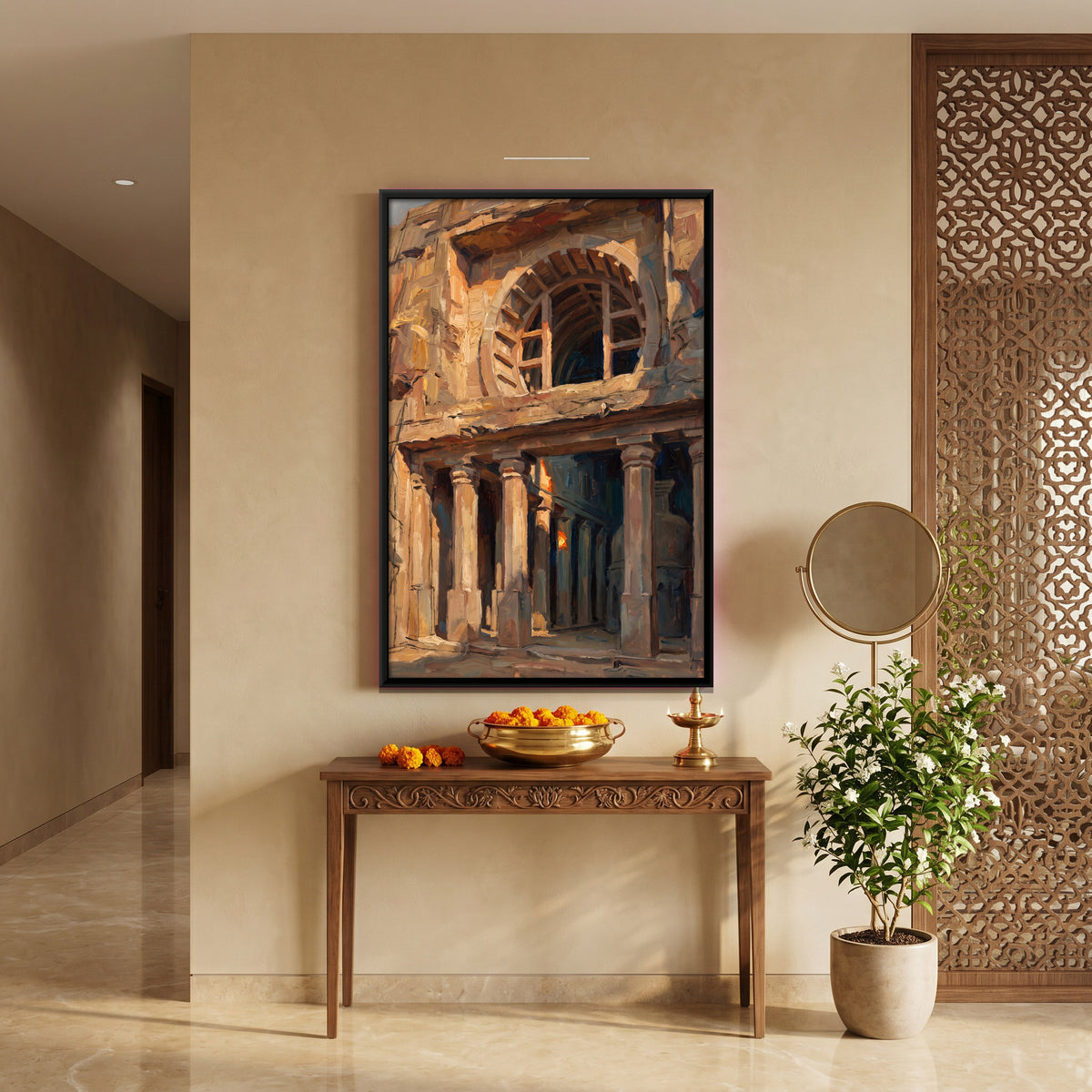 Ruined Stone Facade - canvas art shown in a second room setting