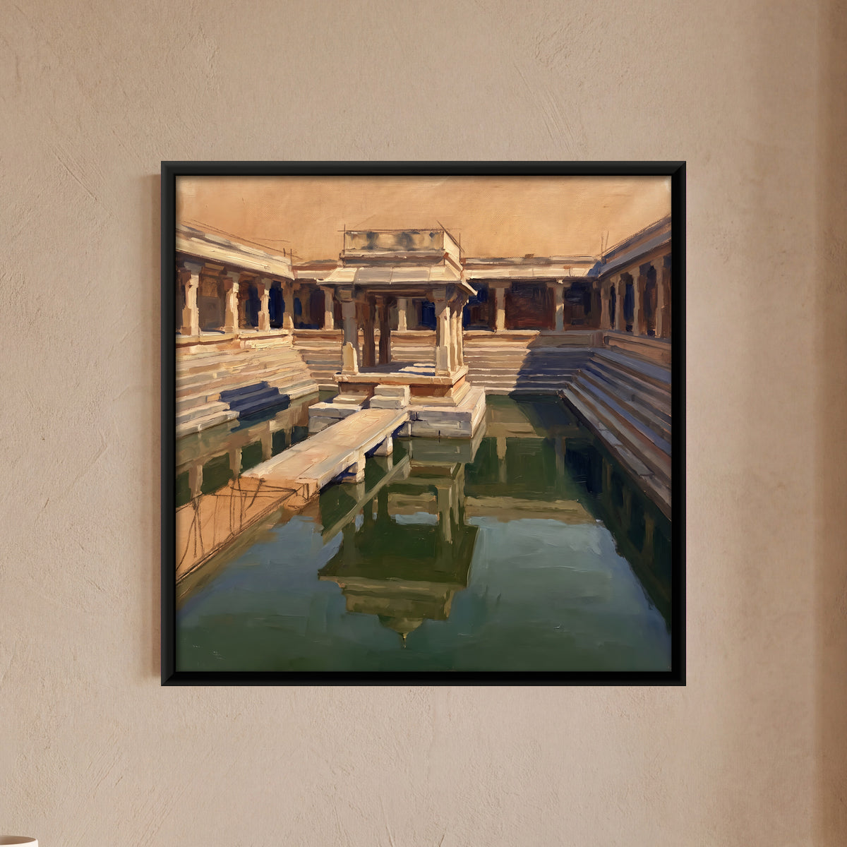 Pavilion in a Temple Tank - framed canvas art hung on a wall