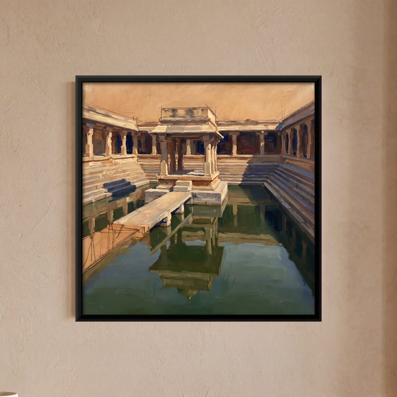 Pavilion in a Temple Tank - framed canvas art hung on a wall