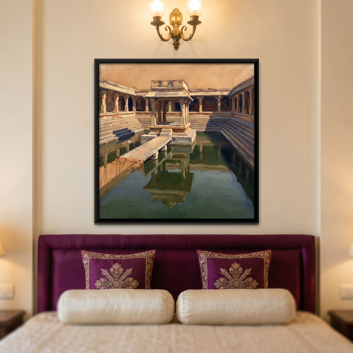 Pavilion in a Temple Tank - canvas art shown in a styled room