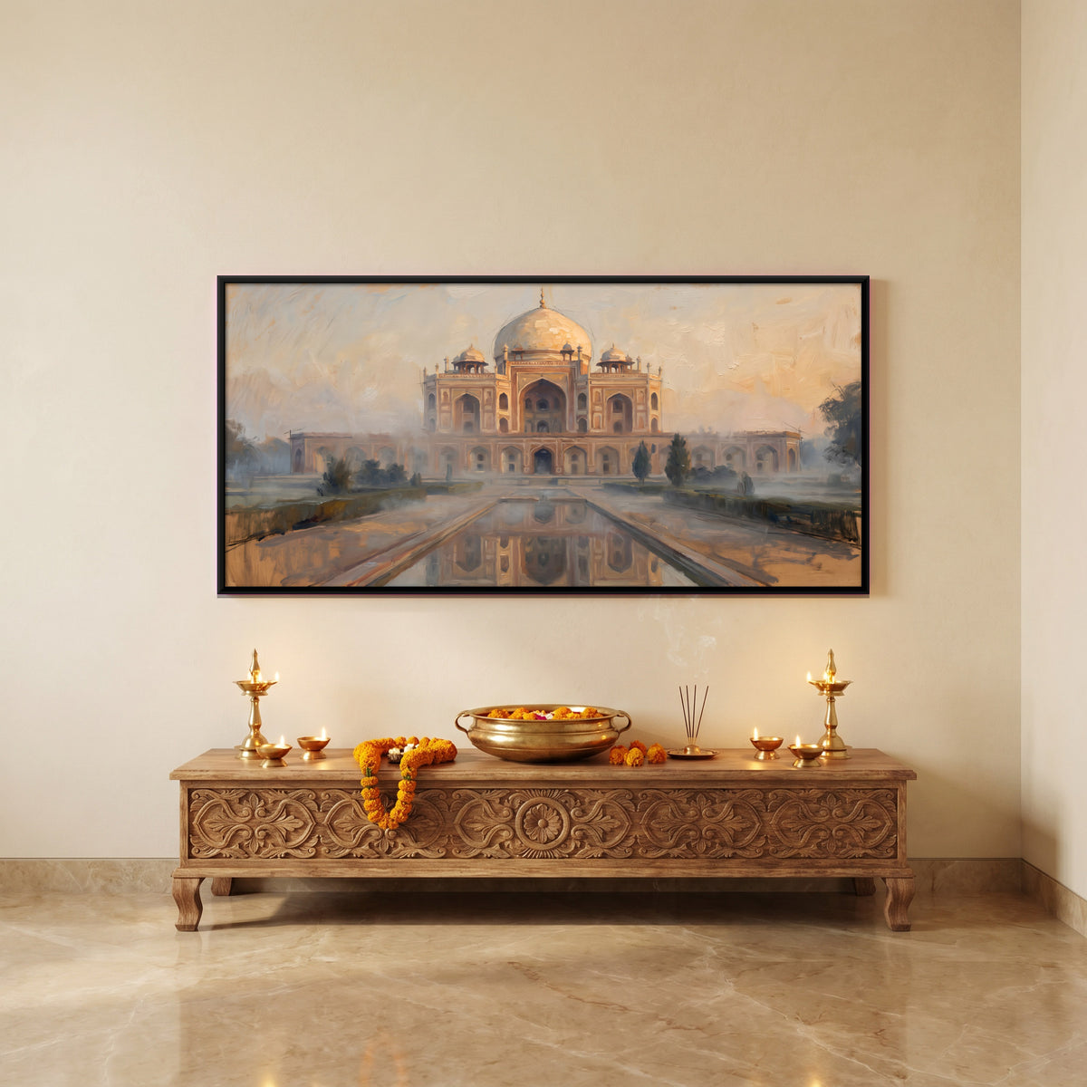 Mughal Tomb and Reflecting Pool - canvas art shown in a styled room