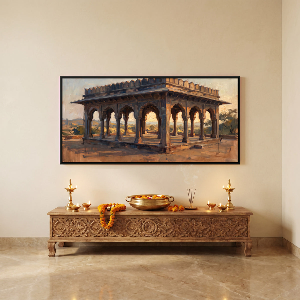 Carved Stone Pavilion - canvas art shown in a styled room