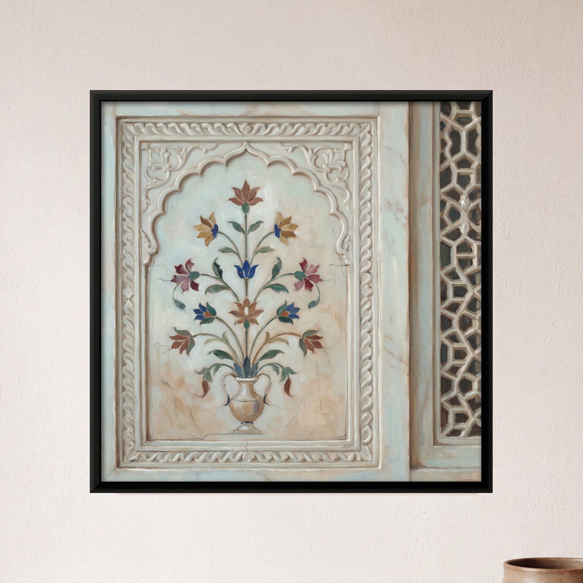 Marble Flower Vase Panel - framed canvas art hung on a wall