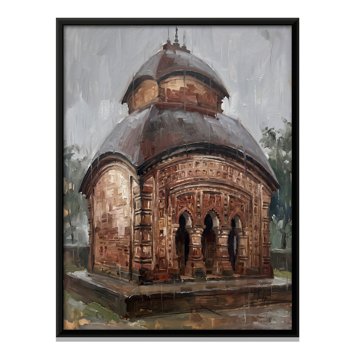 Bengal Terracotta Temple in the Rain - framed canvas print, front view