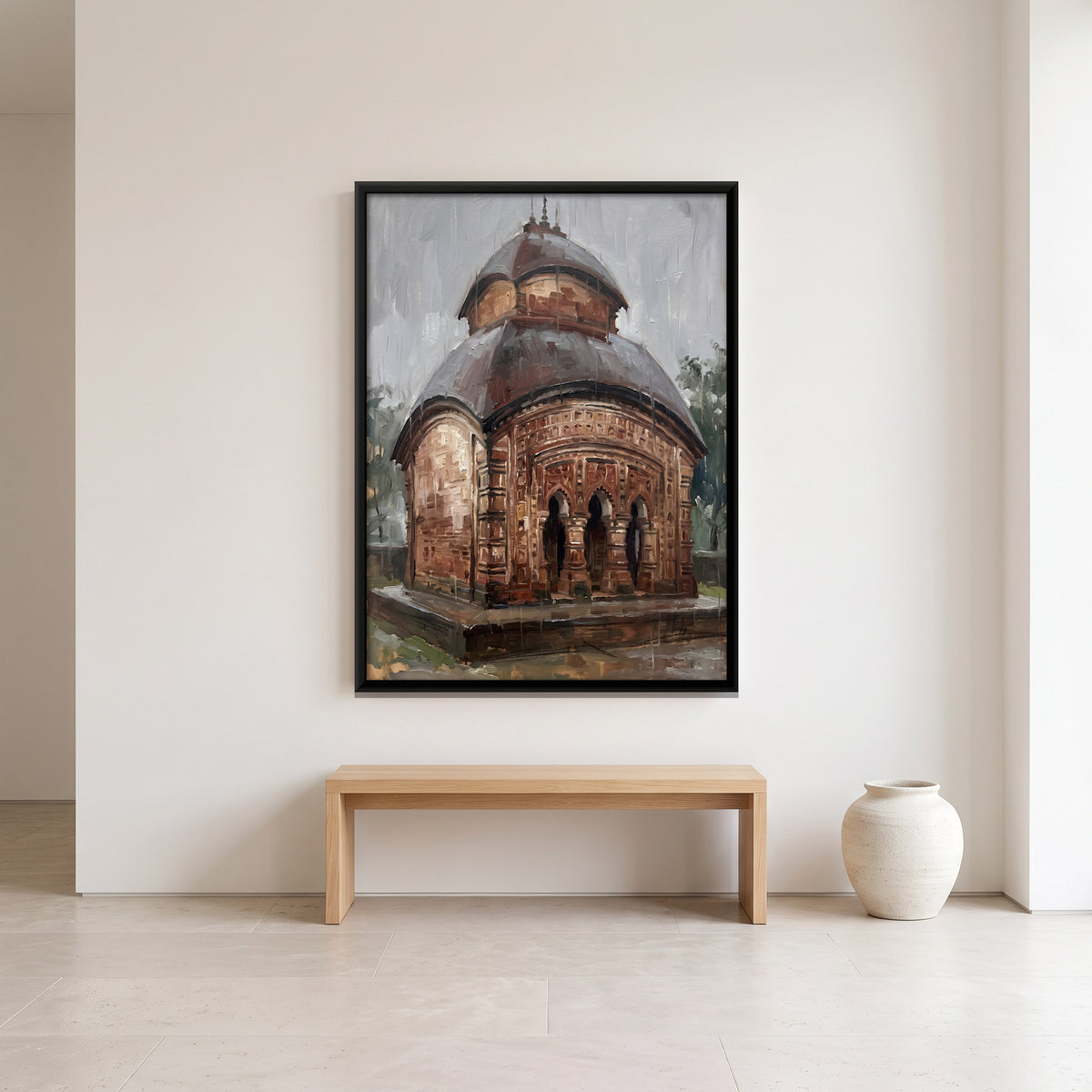 Bengal Terracotta Temple in the Rain - canvas art shown in a styled room